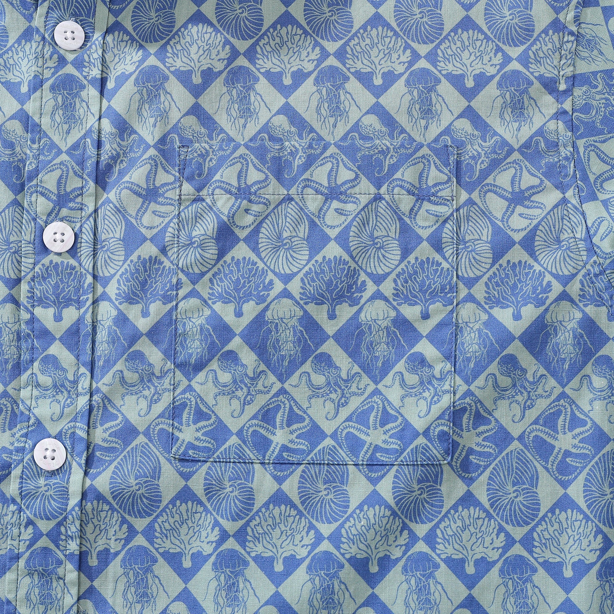 Blue Hand Painted Specimen Print 100% Cotton Button-Down Shirt