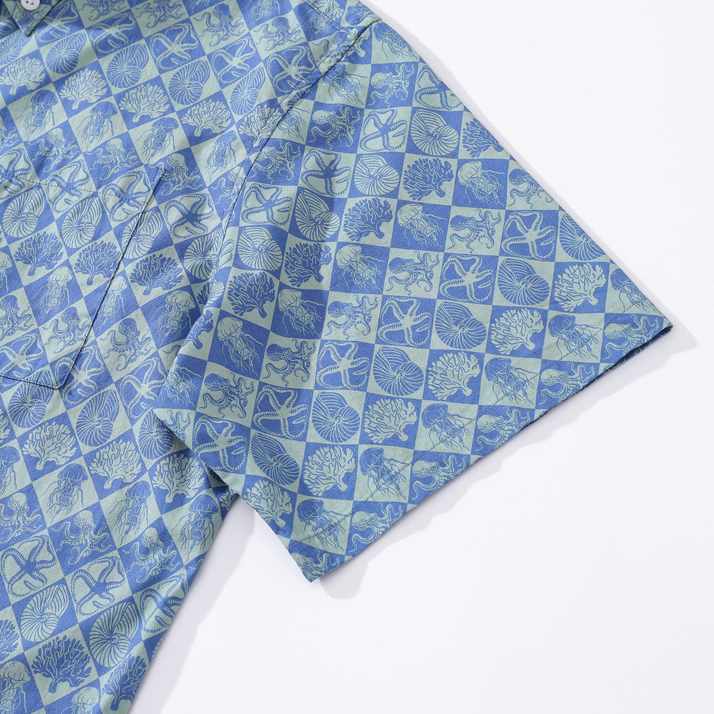Blue Hand Painted Specimen Print 100% Cotton Button-Down Shirt