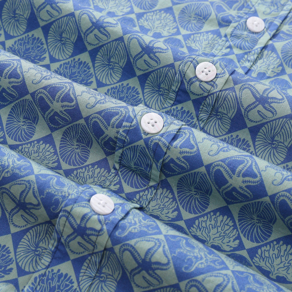 Blue Hand Painted Specimen Print 100% Cotton Button-Down Shirt