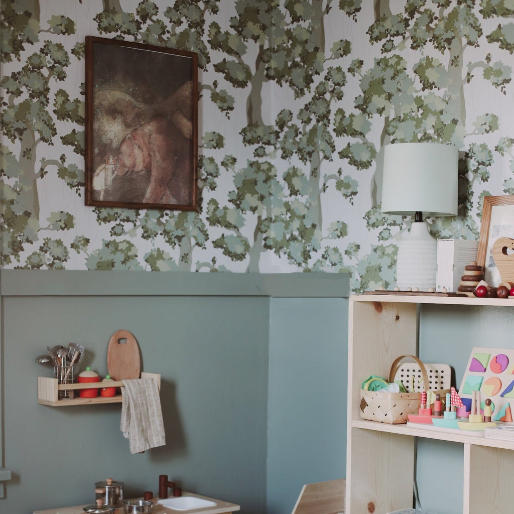 Wilma pattern wallpaper by Grateful Artsy Soul installed on a bedroom accent wall