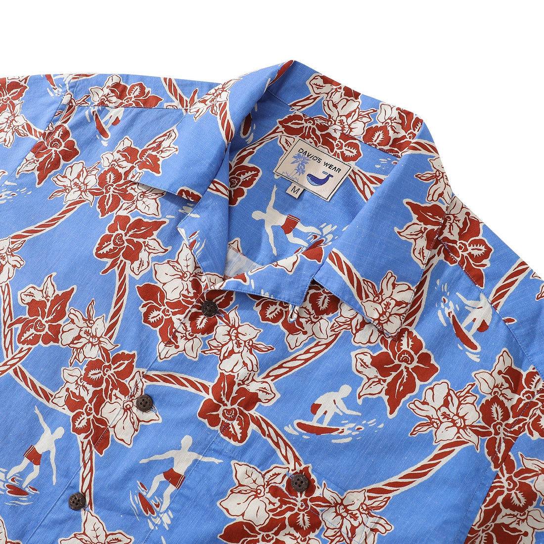 Vintage Coastal Floral Hawaiian Shirt in Blue Red and White
