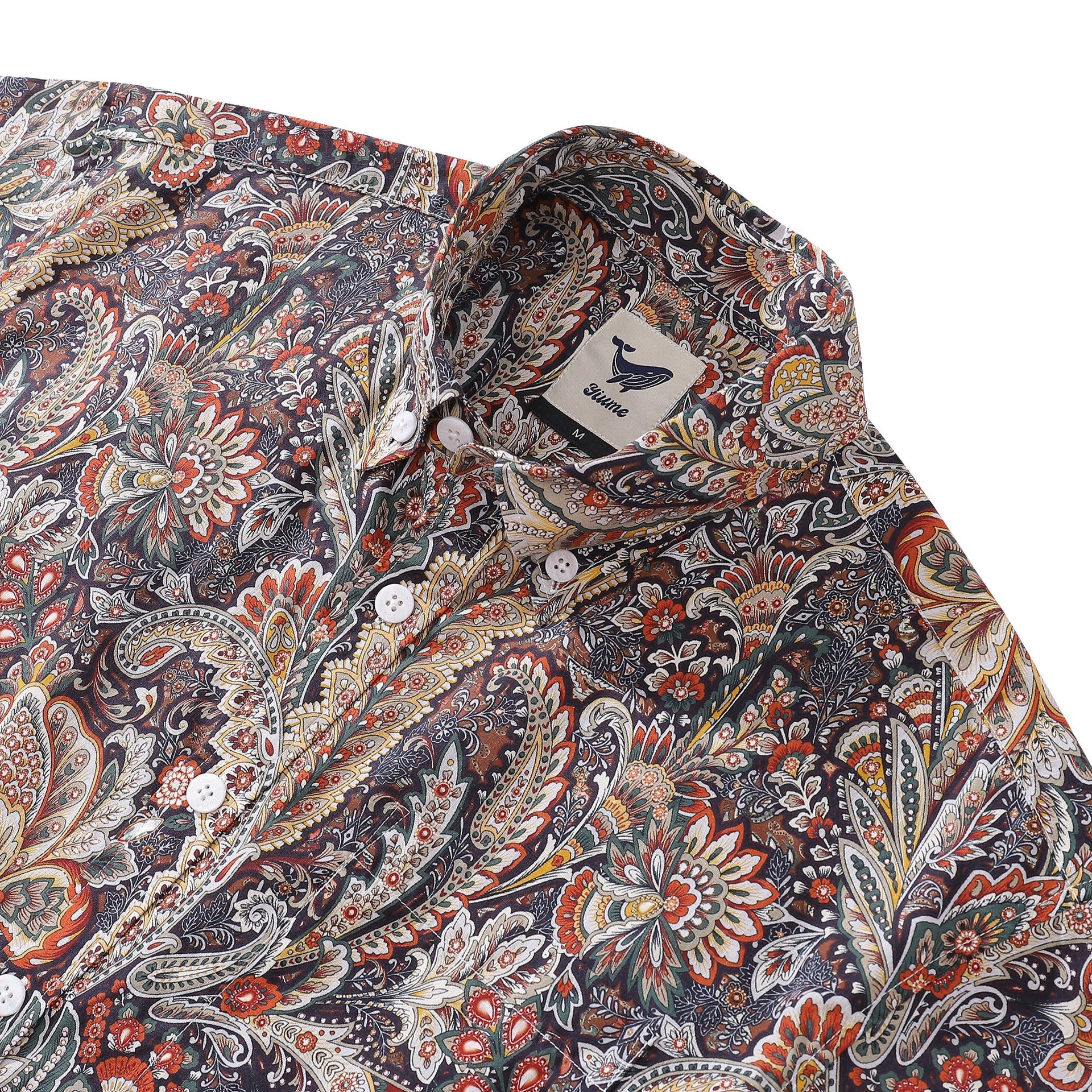 Men's Scroll Pattern Aloha Shirt Navy Rust Mustard Cream Cotton
