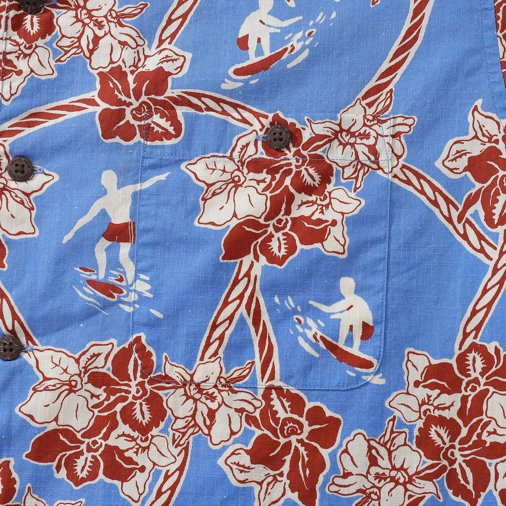 Vintage Coastal Floral Hawaiian Shirt in Blue Red and White