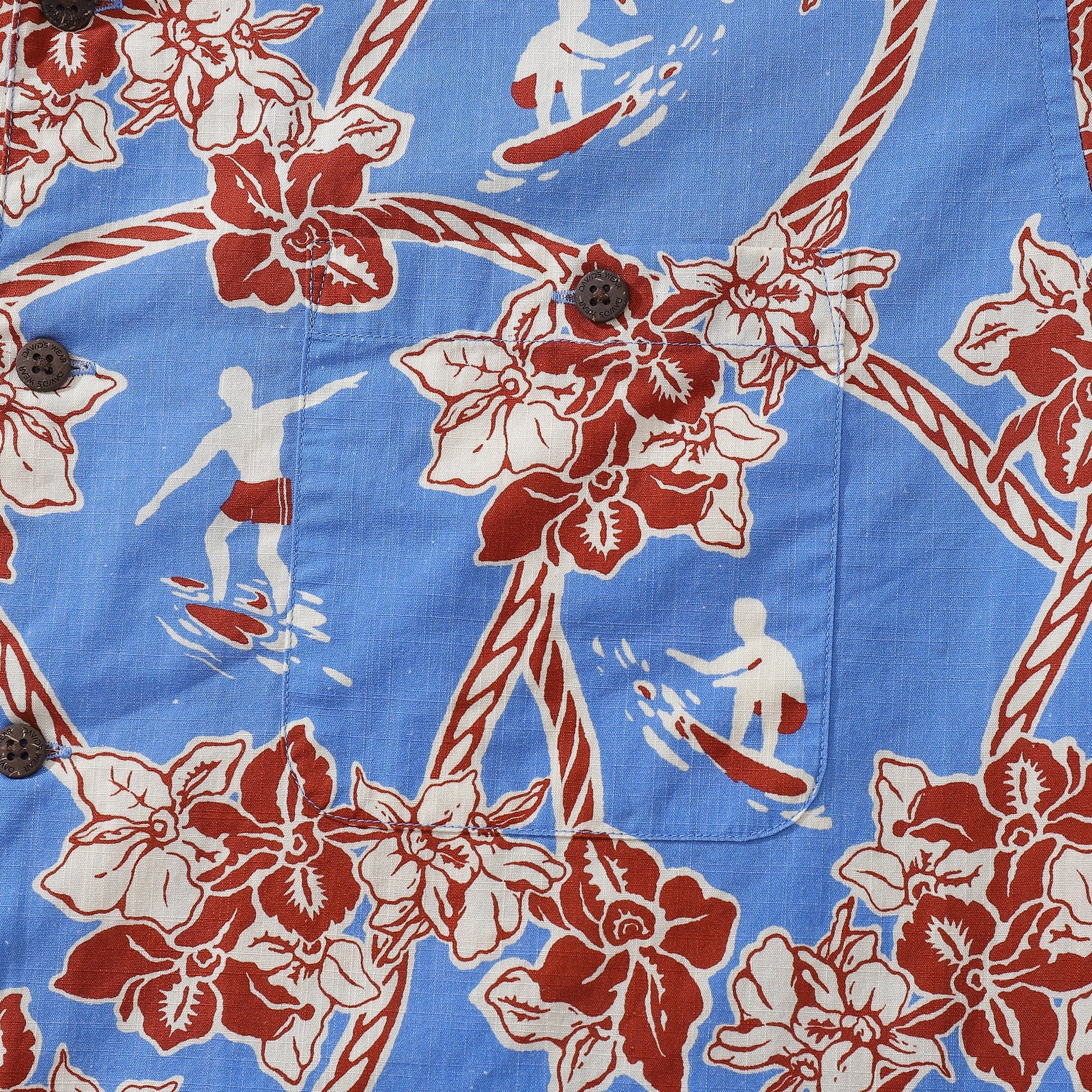 Vintage Coastal Floral Hawaiian Shirt in Blue Red and White