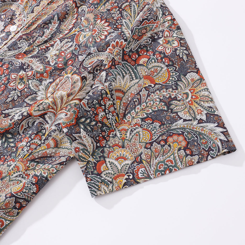 Men's Scroll Pattern Aloha Shirt Navy Rust Mustard Cream Cotton