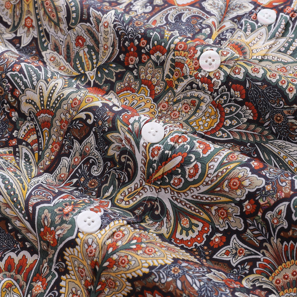 Men's Scroll Pattern Aloha Shirt Navy Rust Mustard Cream Cotton