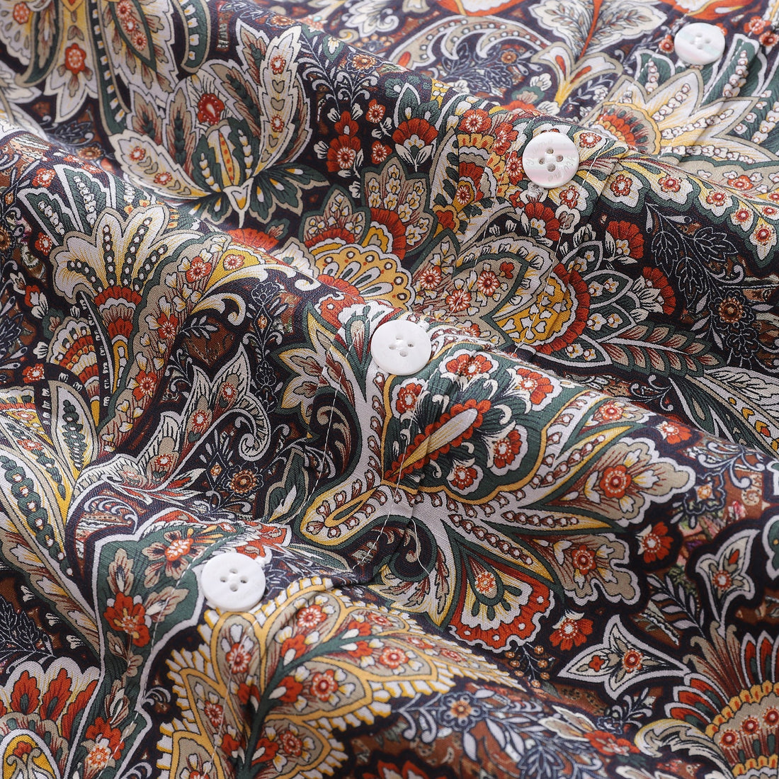 Men's Scroll Pattern Aloha Shirt Navy Rust Mustard Cream Cotton