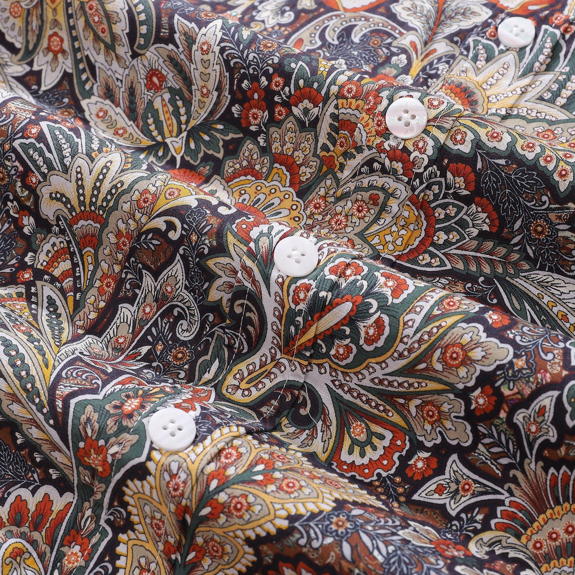 Men's Scroll Pattern Aloha Shirt Navy Rust Mustard Cream Cotton