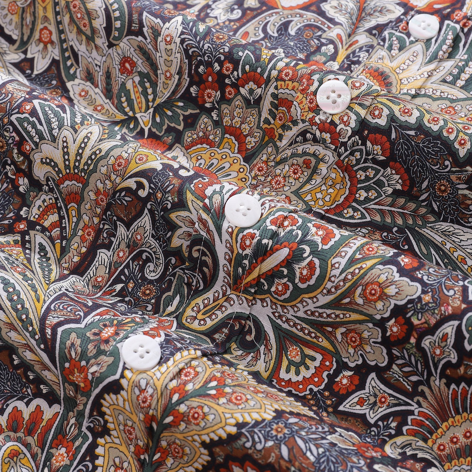 Men's Scroll Pattern Aloha Shirt Navy Rust Mustard Cream Cotton