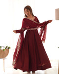 Maroon solid Pure Roman Silk Chanderi Anarkali set with work dupatta