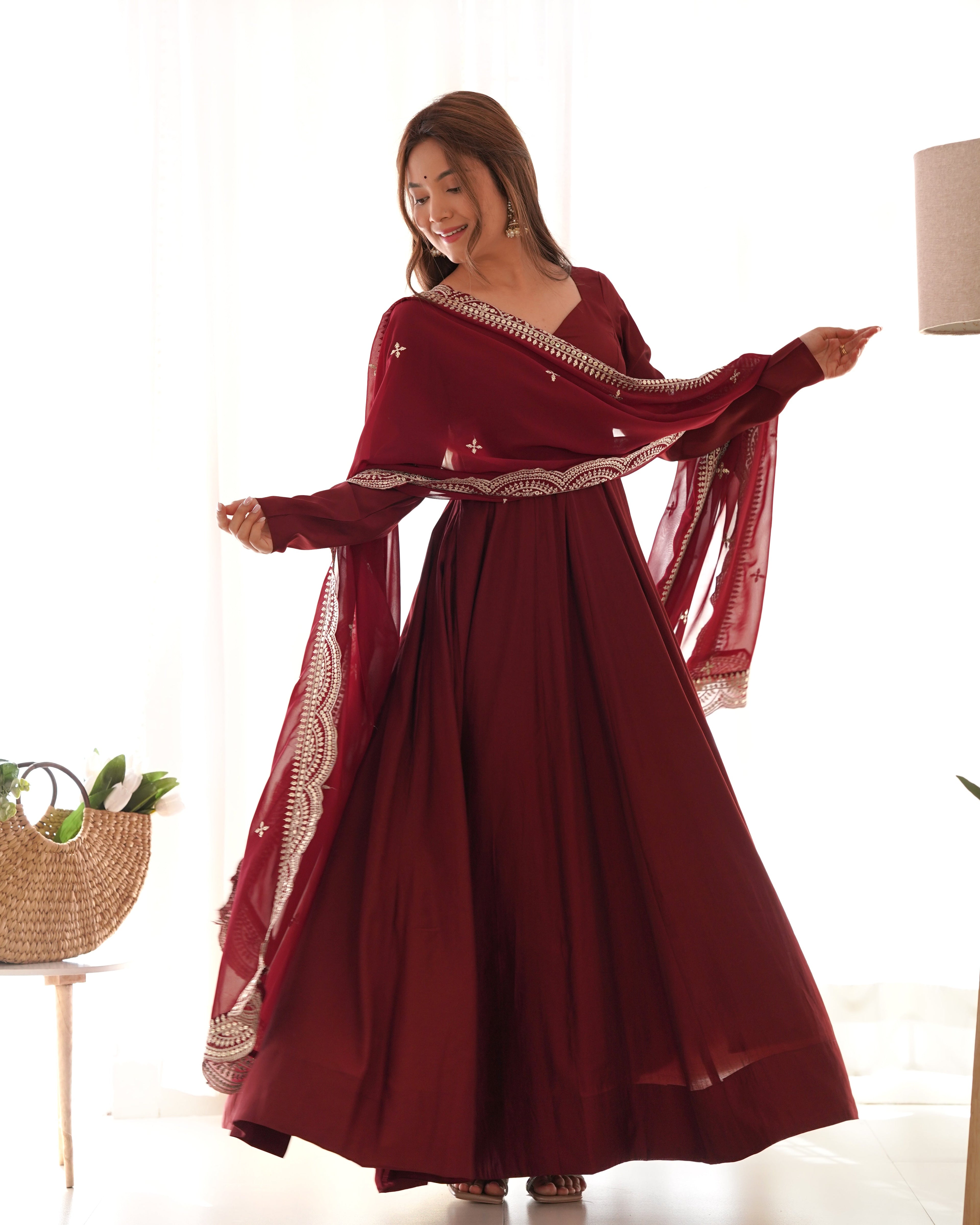 Maroon solid Pure Roman Silk Chanderi Anarkali set with work dupatta