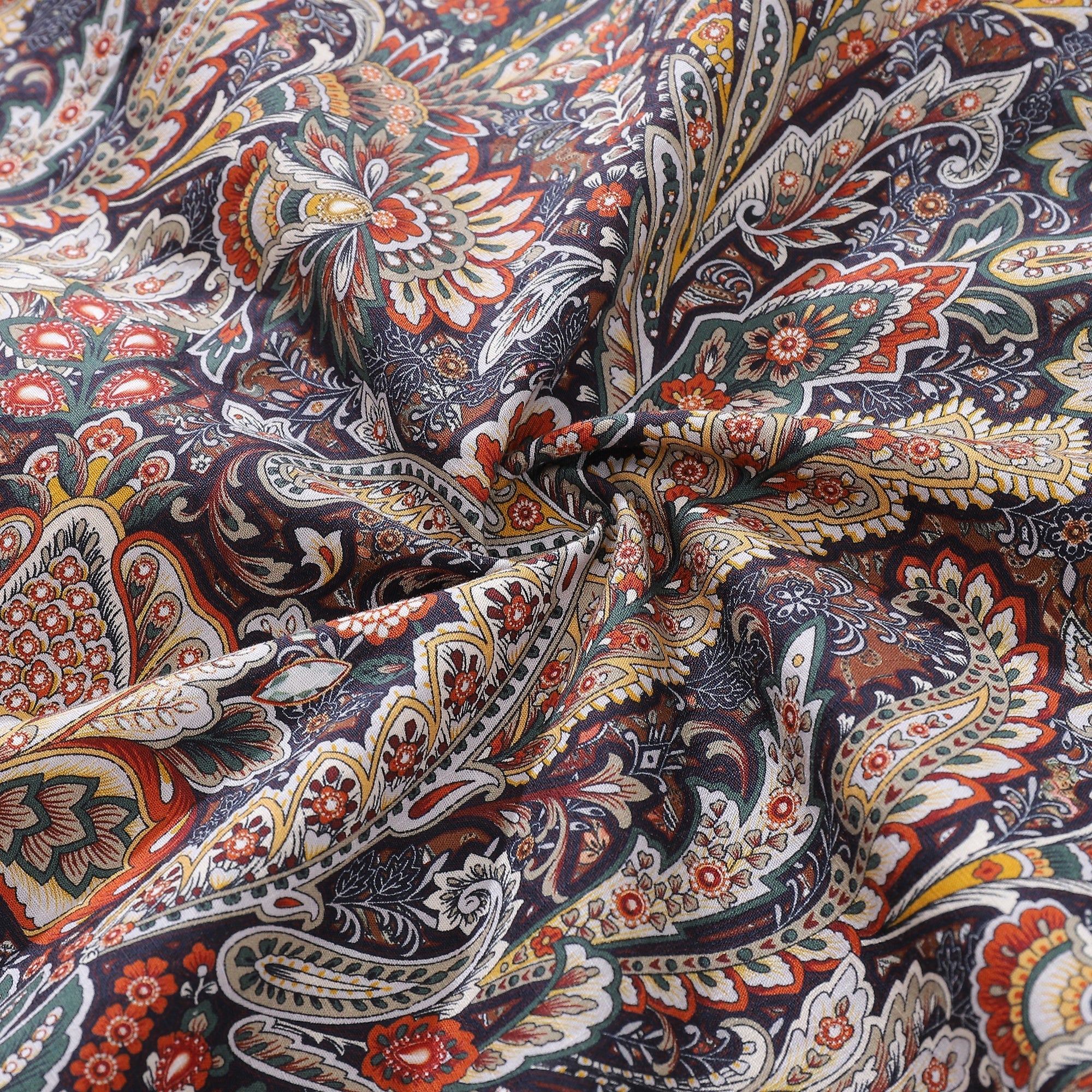 Men's Scroll Pattern Aloha Shirt Navy Rust Mustard Cream Cotton