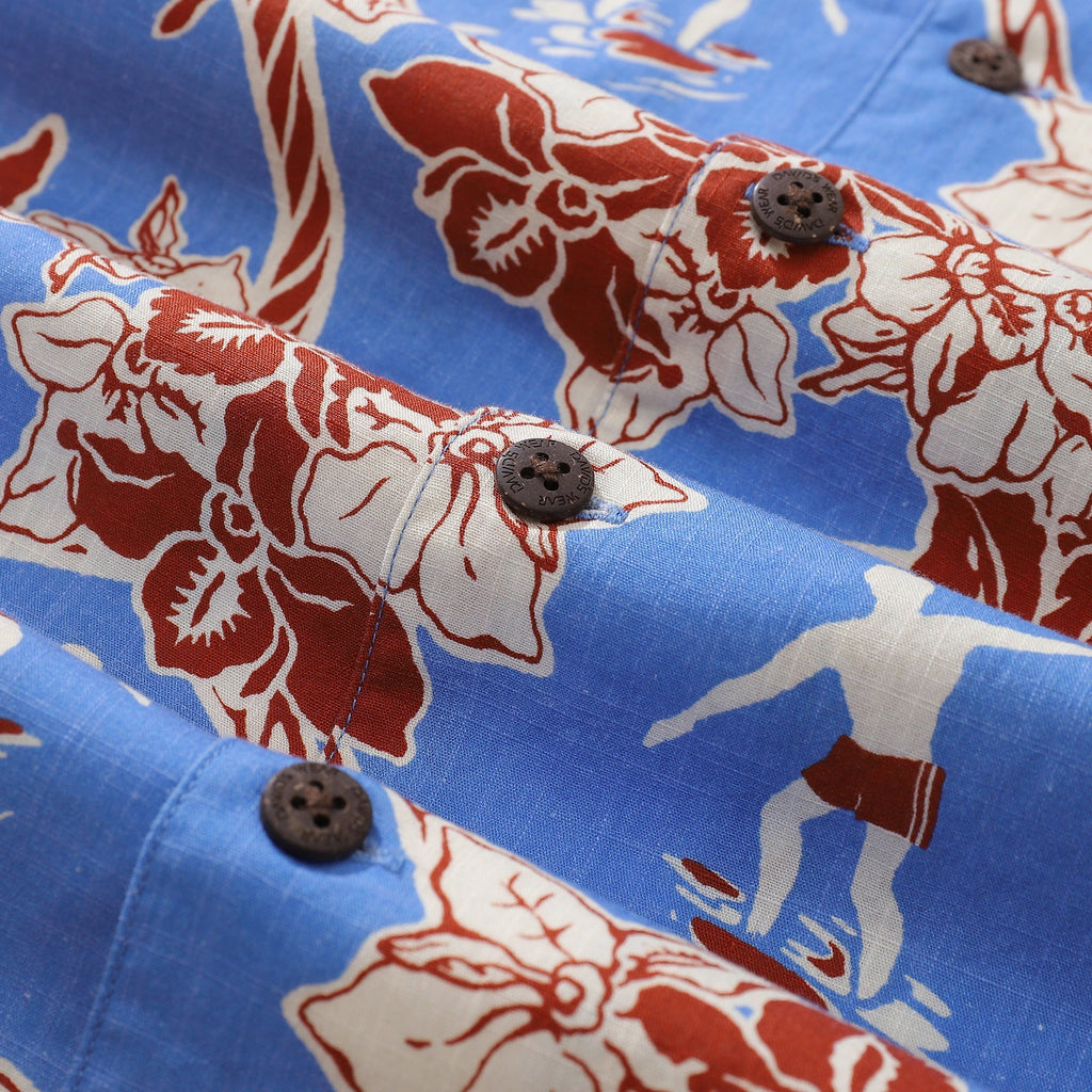 Vintage Coastal Floral Hawaiian Shirt in Blue Red and White