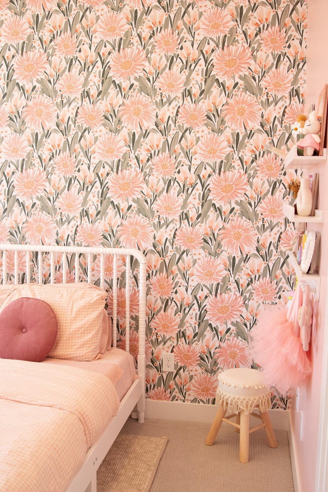 Auden Floral Wallpaper in Peach and Sage-Green Bohemian Design