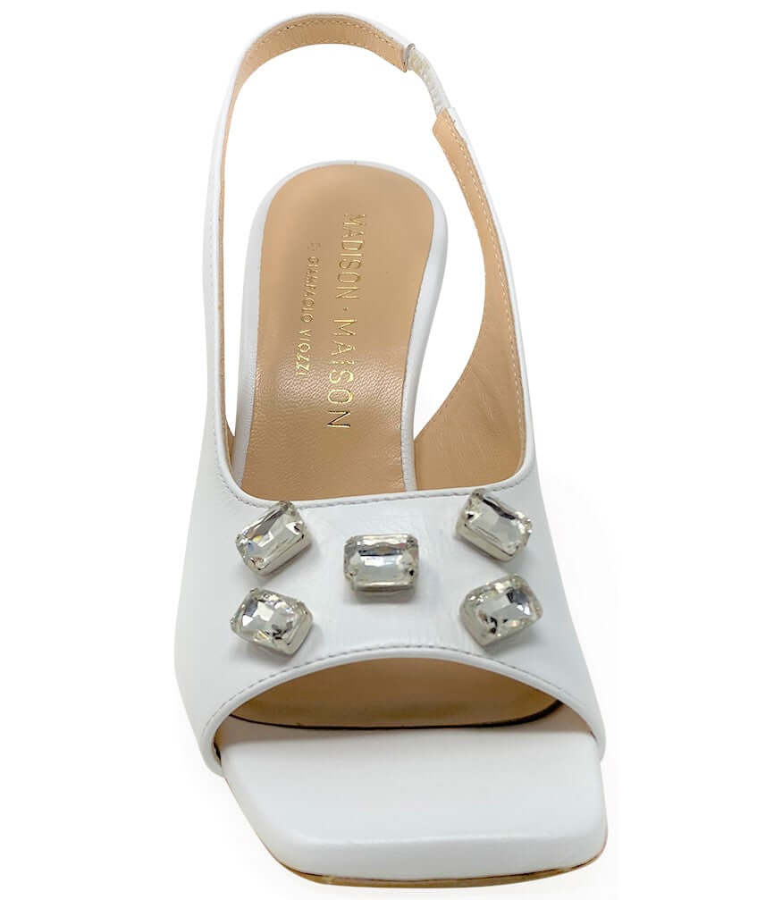 White Leather Jeweled Slingback Heels