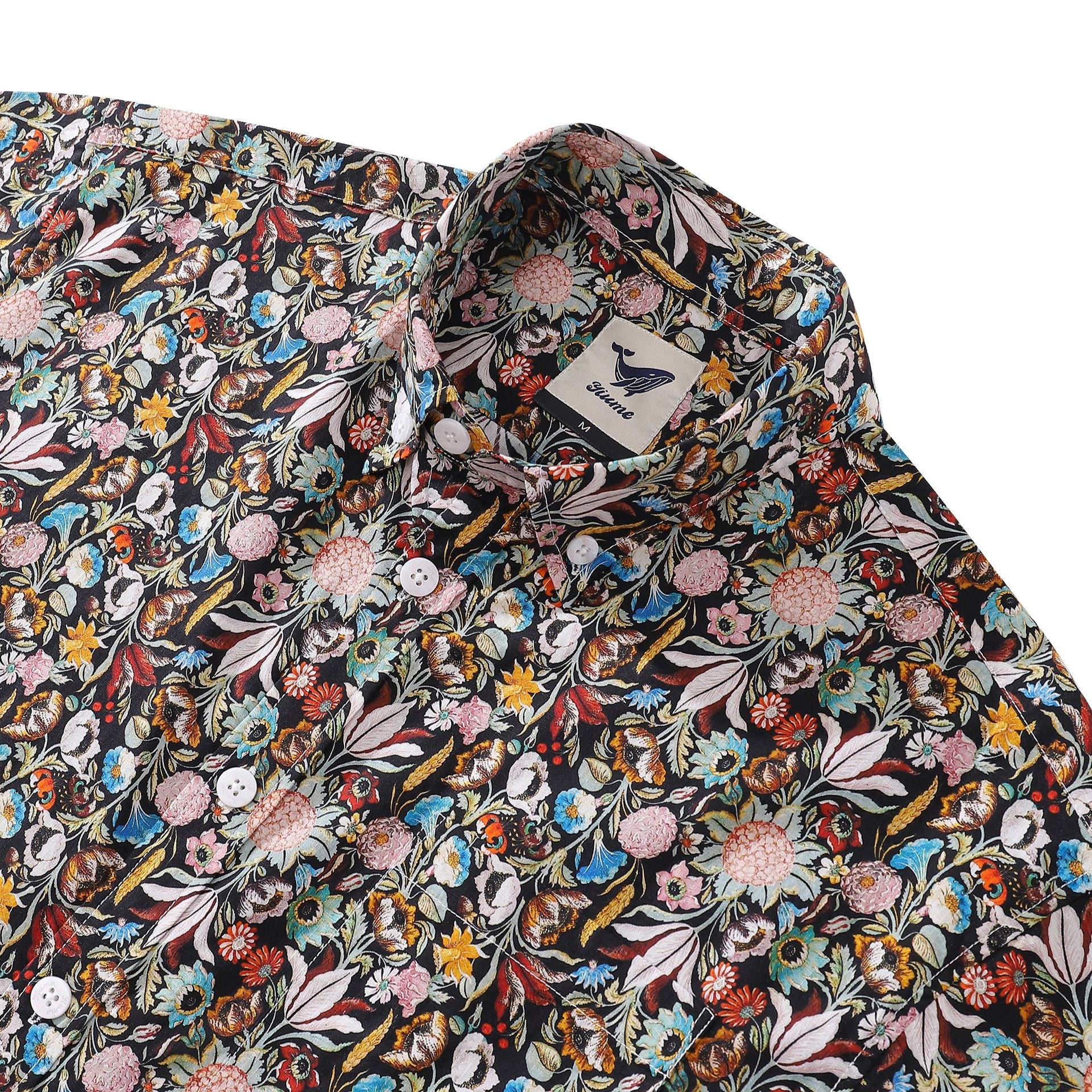 Men's Gothic Floral Print Hawaiian Shirt Black Cotton Button-Down
