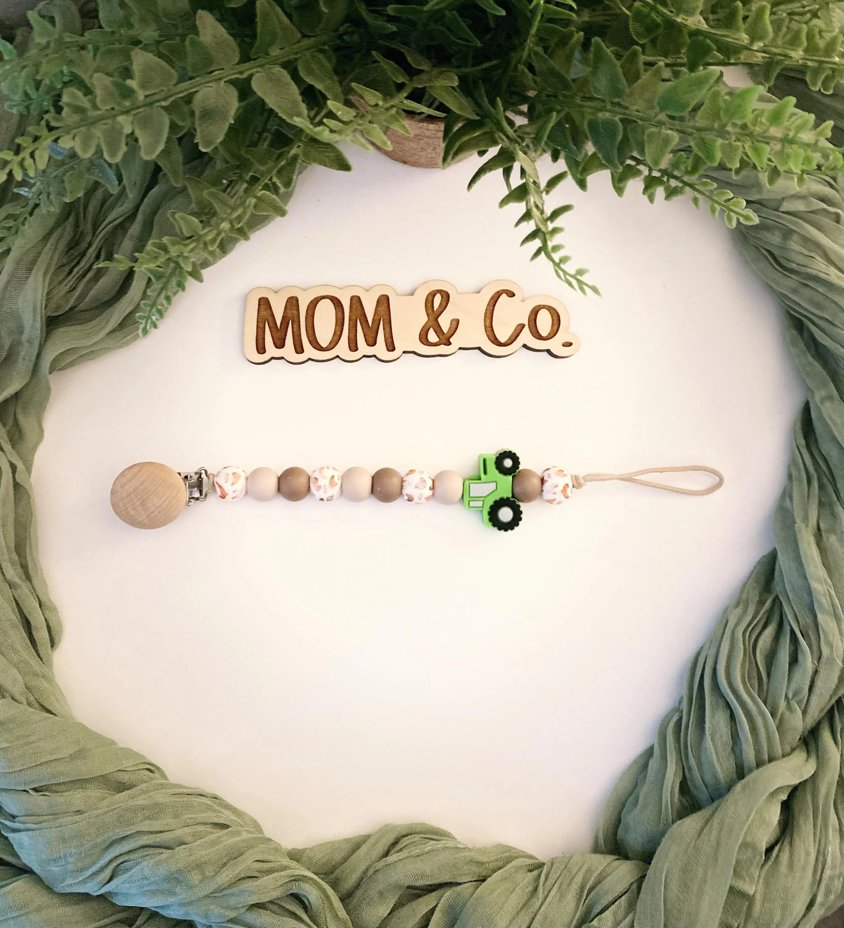 Green Tractor Pacifier Clip