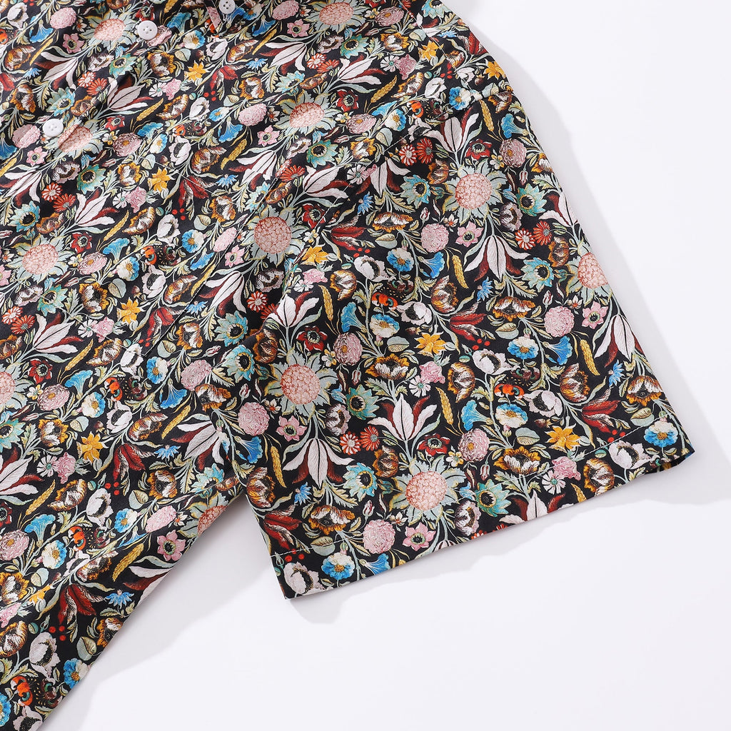 Men's Gothic Floral Print Hawaiian Shirt Black Cotton Button-Down