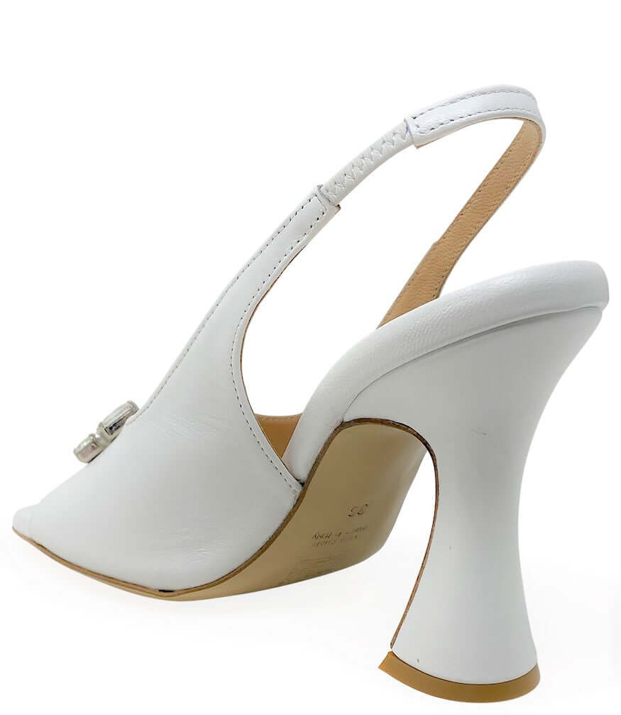 White Leather Jeweled Slingback Heels