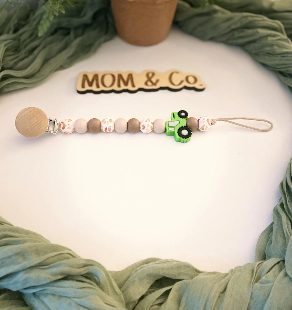 Green Tractor Pacifier Clip