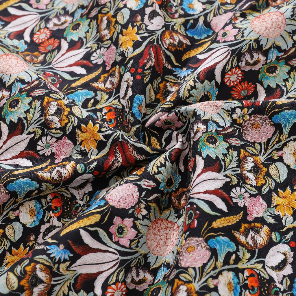 Men's Gothic Floral Print Hawaiian Shirt Black Cotton Button-Down