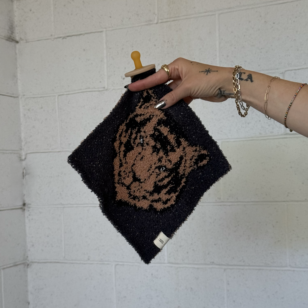 Tiger Print Baby Lovey Security Blanket in Charcoal and Sand