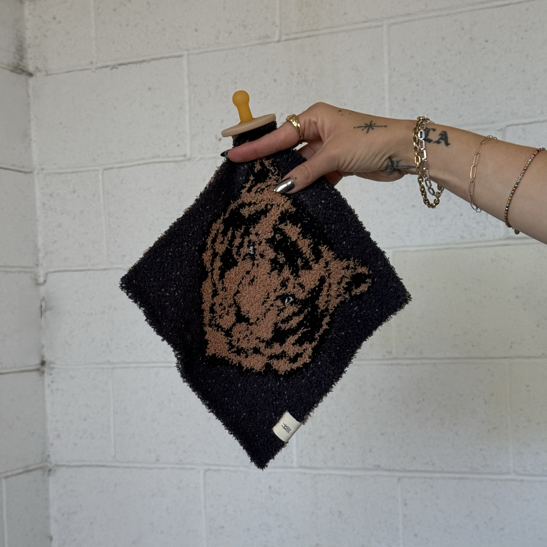 Tiger Print Baby Lovey Security Blanket in Charcoal and Sand