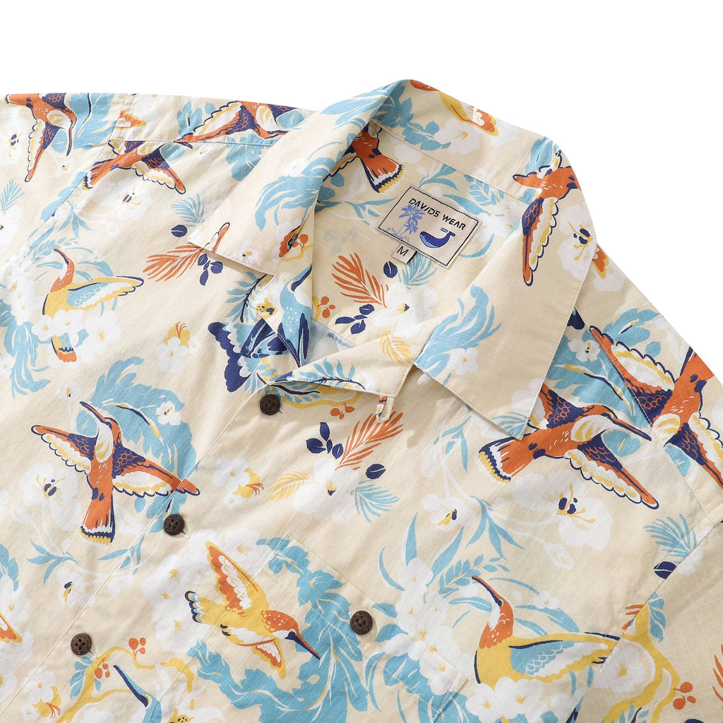 Men's White Hummingbird Hawaiian Shirt 100% Cotton Short Sleeve