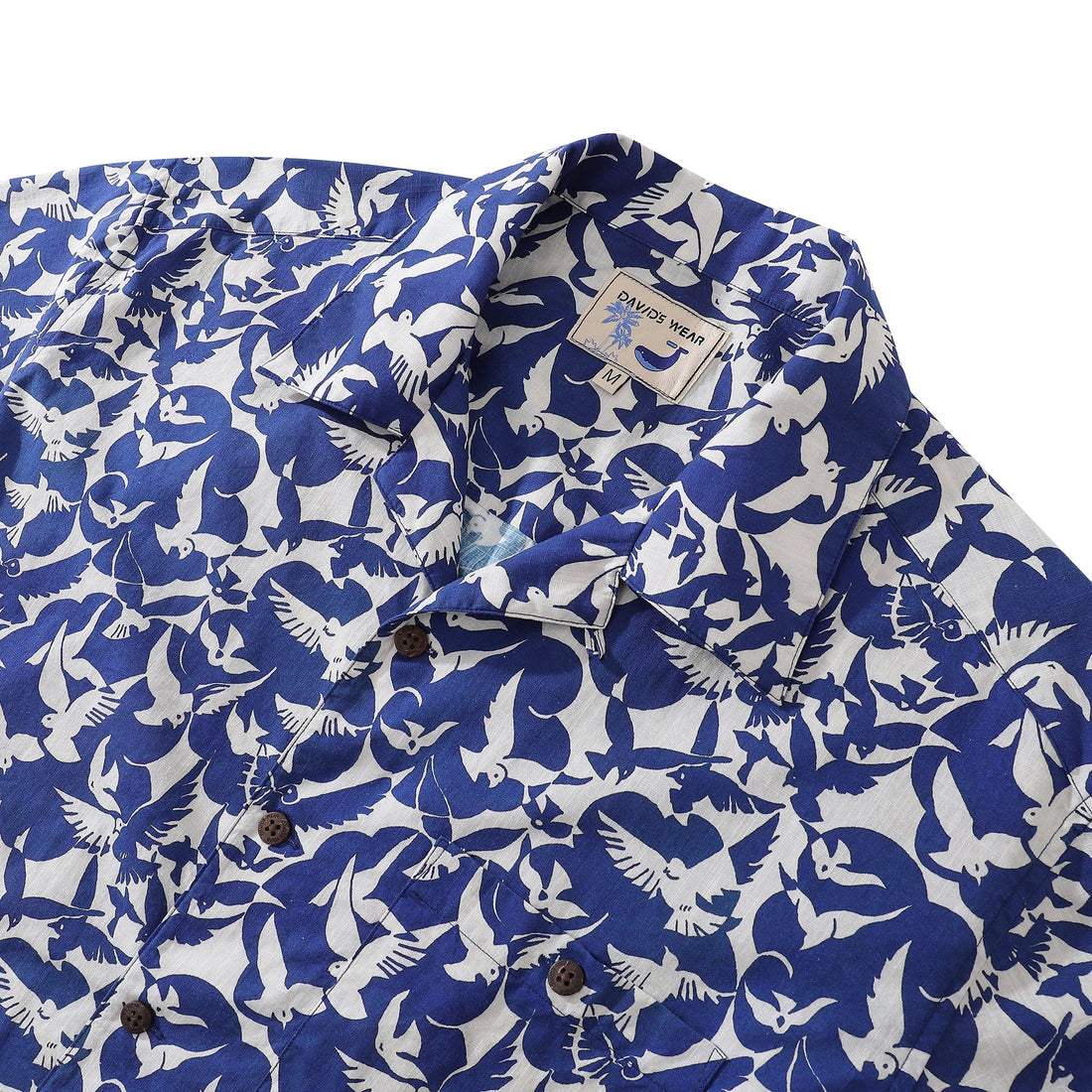 Men's Blue and White Peace Dove Print Hawaiian Camp Shirt
