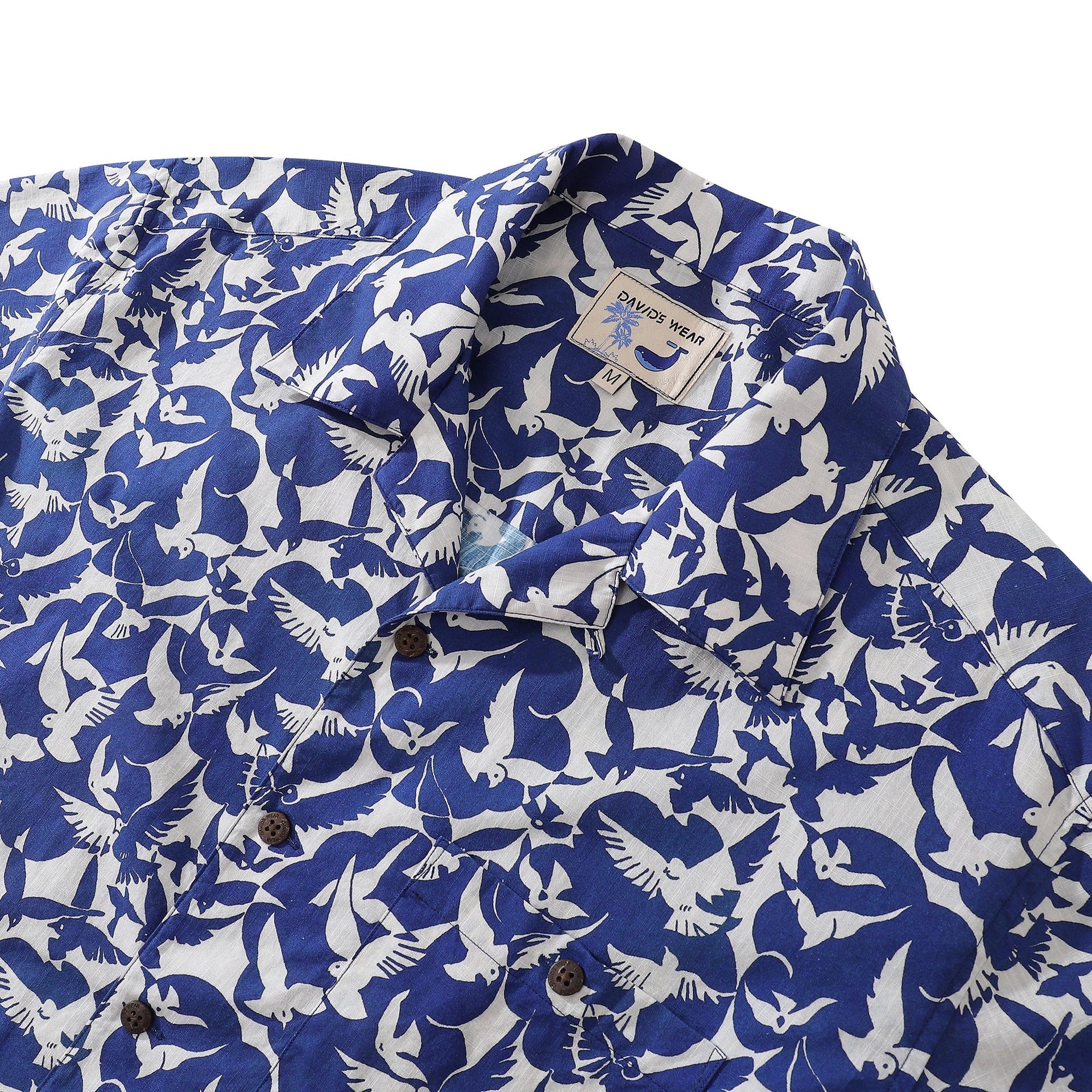 Men's Blue and White Peace Dove Print Hawaiian Camp Shirt
