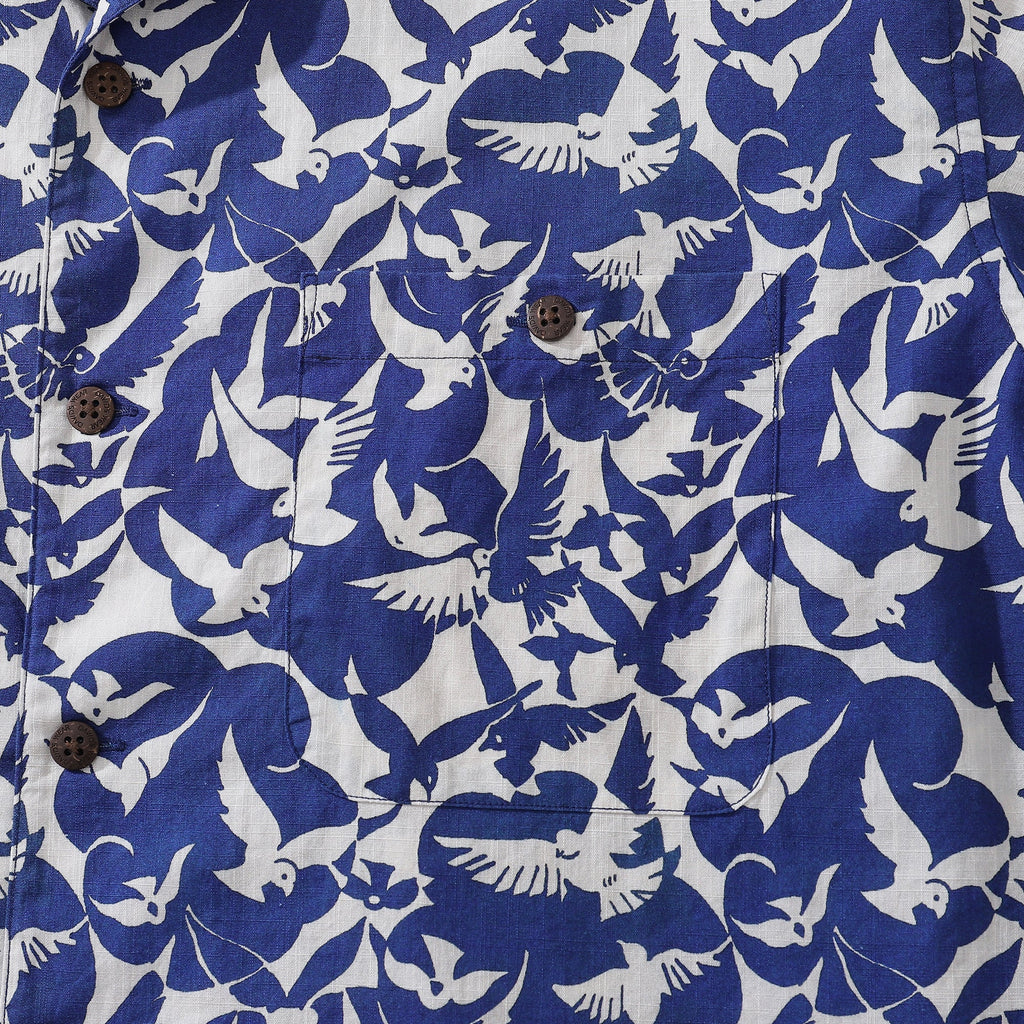Men's Blue and White Peace Dove Print Hawaiian Camp Shirt