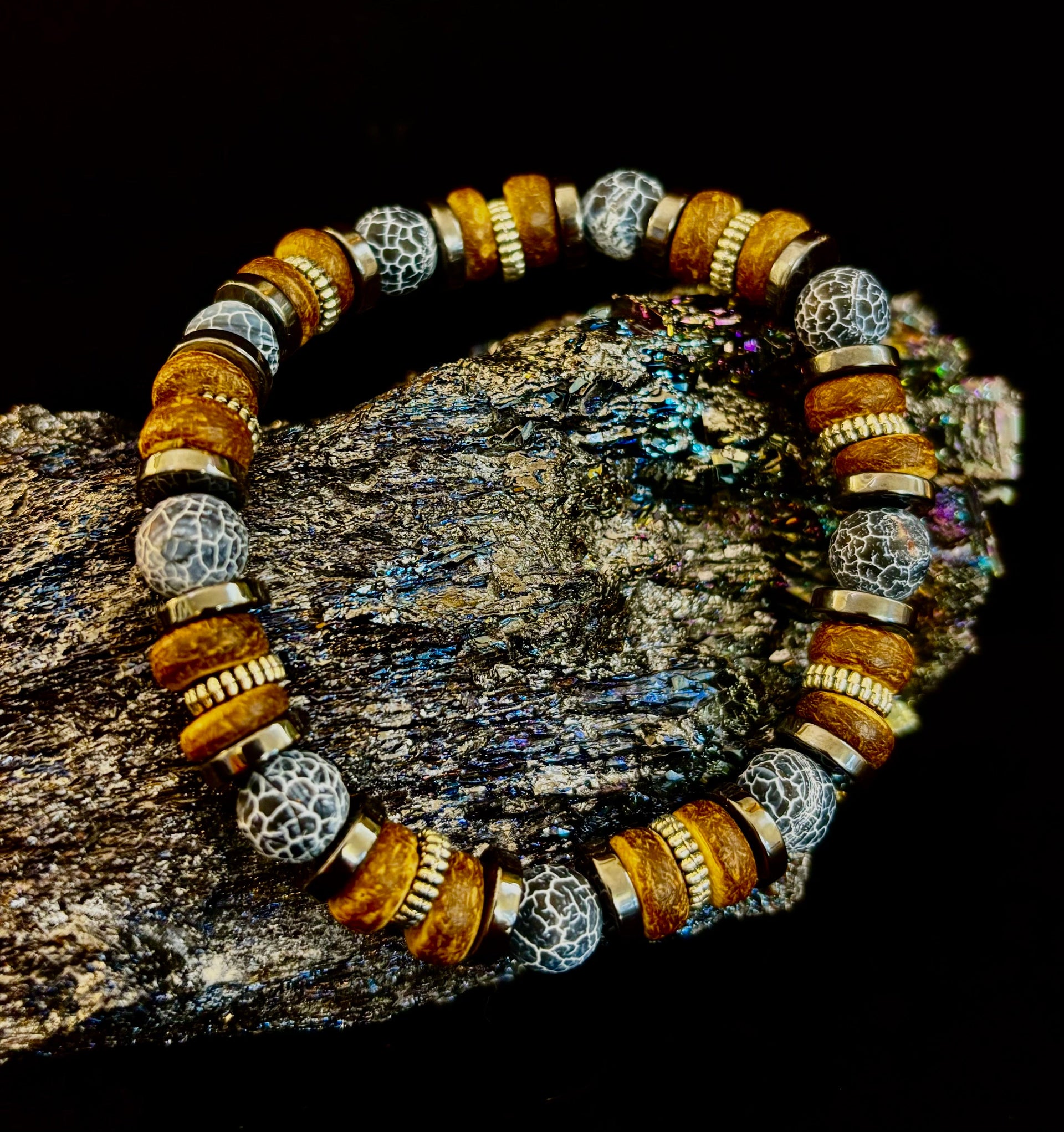 Earthforge Mixed Material Bracelet – Stone, Wood & Metal | Grounding, Strength & Balance | Reiki-Infused Bracelet for Medium to Large Wrists