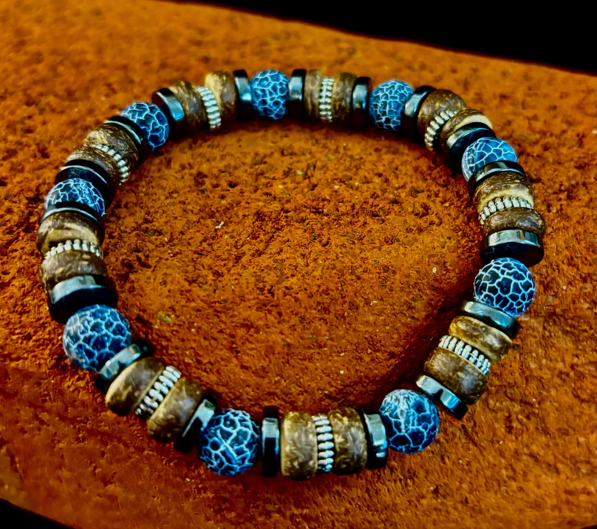 Earthforge Mixed Material Bracelet – Stone, Wood & Metal | Grounding, Strength & Balance | Reiki-Infused Bracelet for Medium to Large Wrists