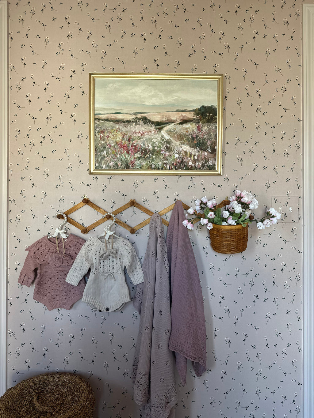 Brigitta Floral Wallpaper in Dusty-Rose and Muted-Green Decor
