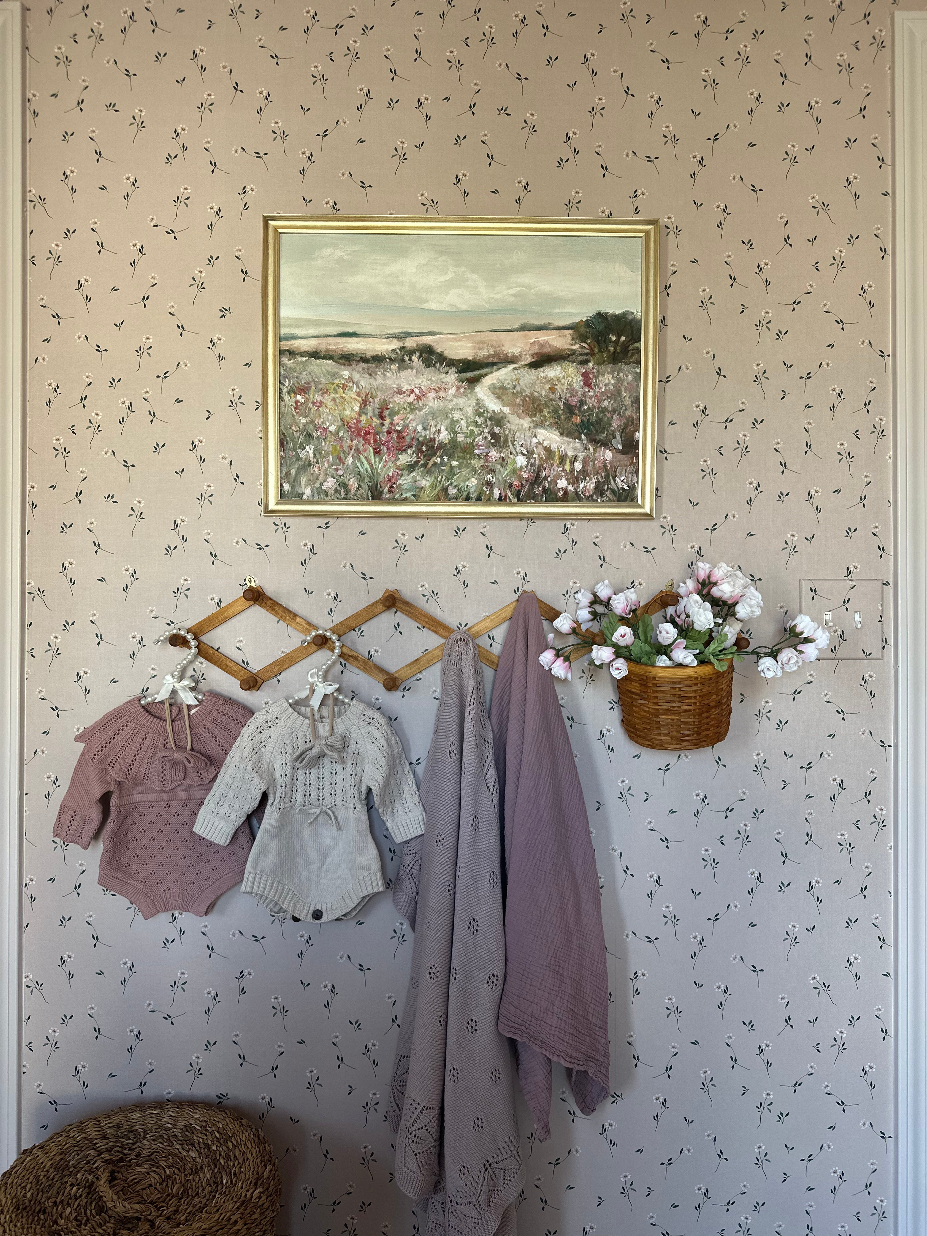 Brigitta Floral Wallpaper in Dusty-Rose and Muted-Green Decor