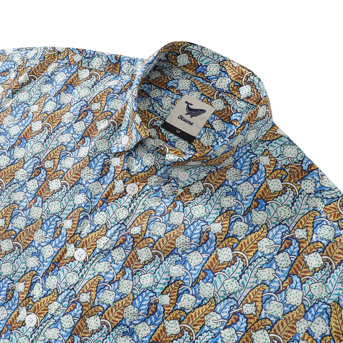 Men's Floral Hawaiian Button-Down Shirt in Blue White and Tan