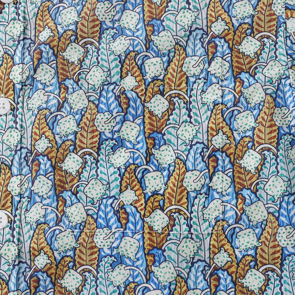 Men's Floral Hawaiian Button-Down Shirt in Blue White and Tan