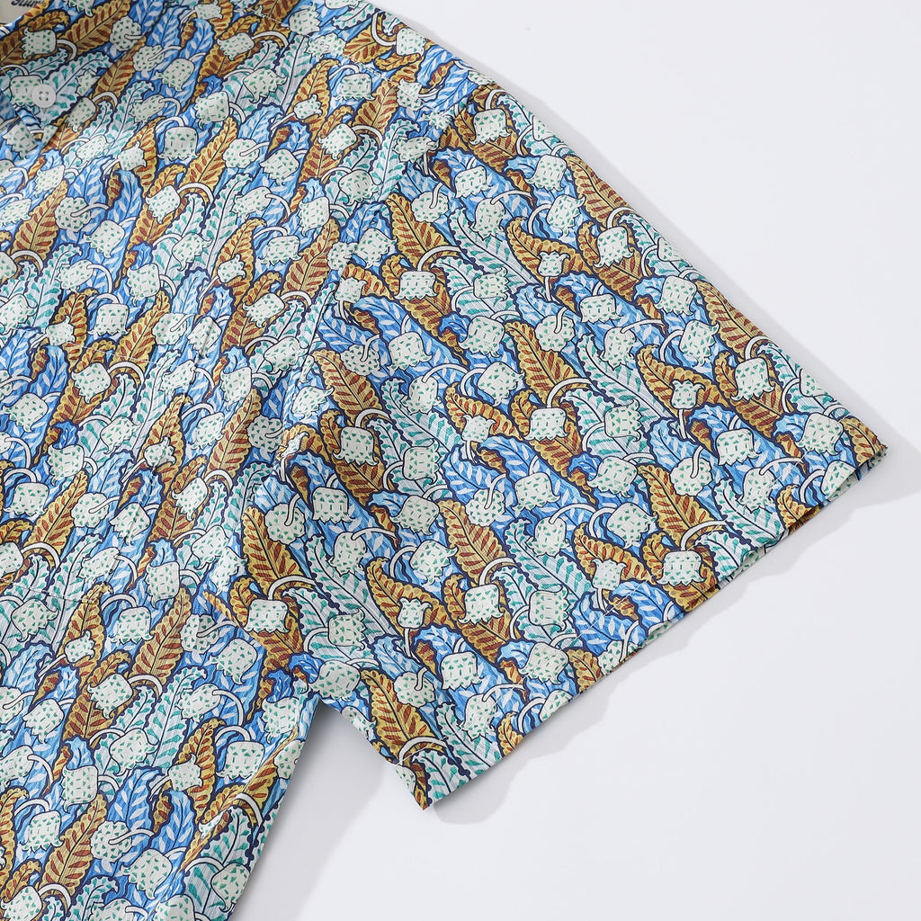 Men's Floral Hawaiian Button-Down Shirt in Blue White and Tan