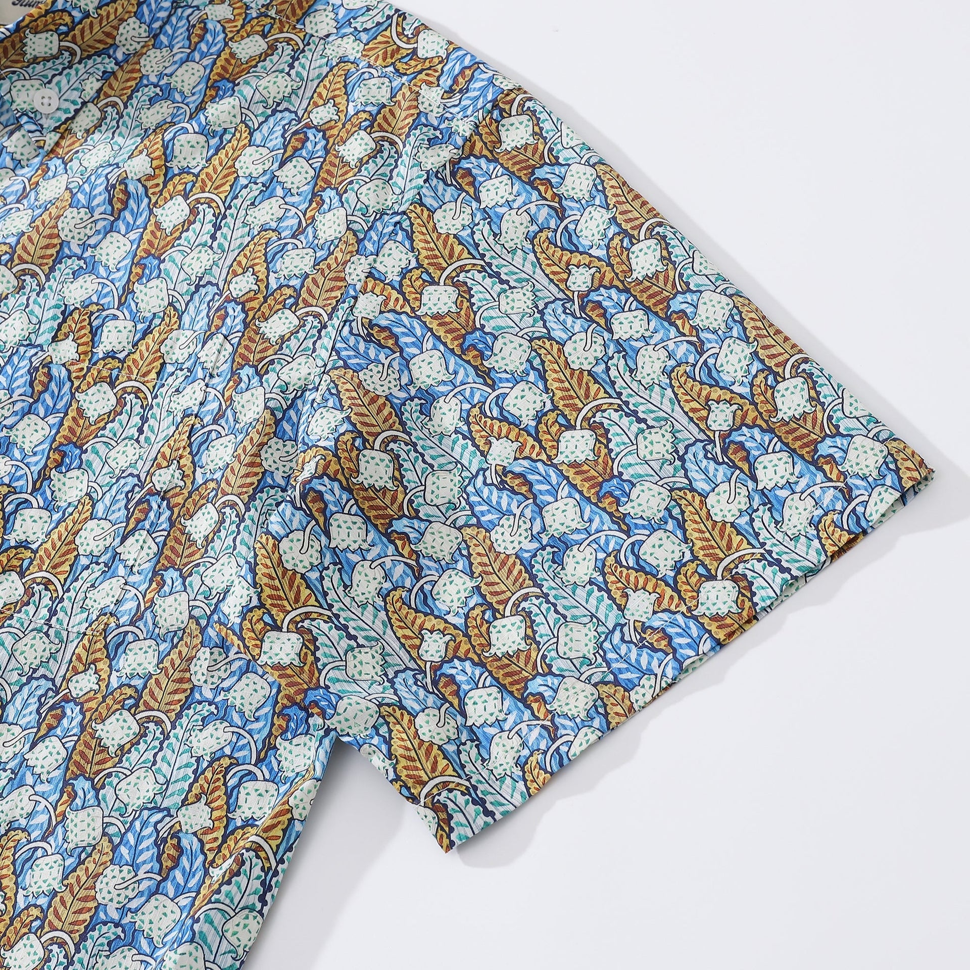 Men's Floral Hawaiian Button-Down Shirt in Blue White and Tan