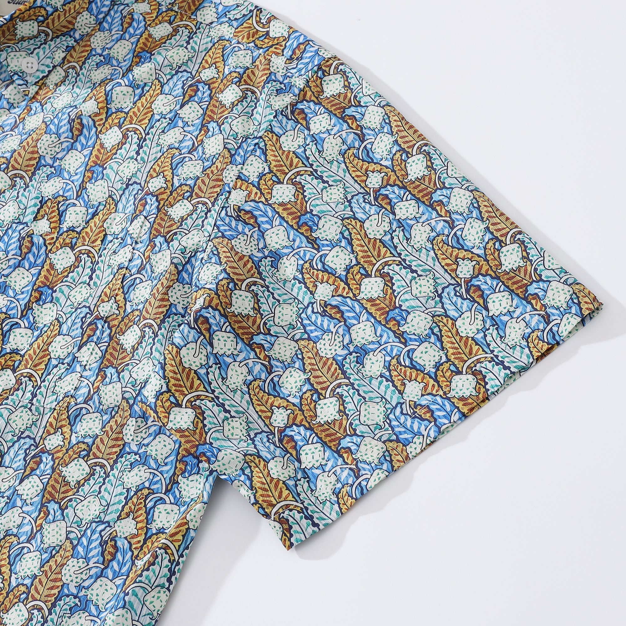 Men's Floral Hawaiian Button-Down Shirt in Blue White and Tan