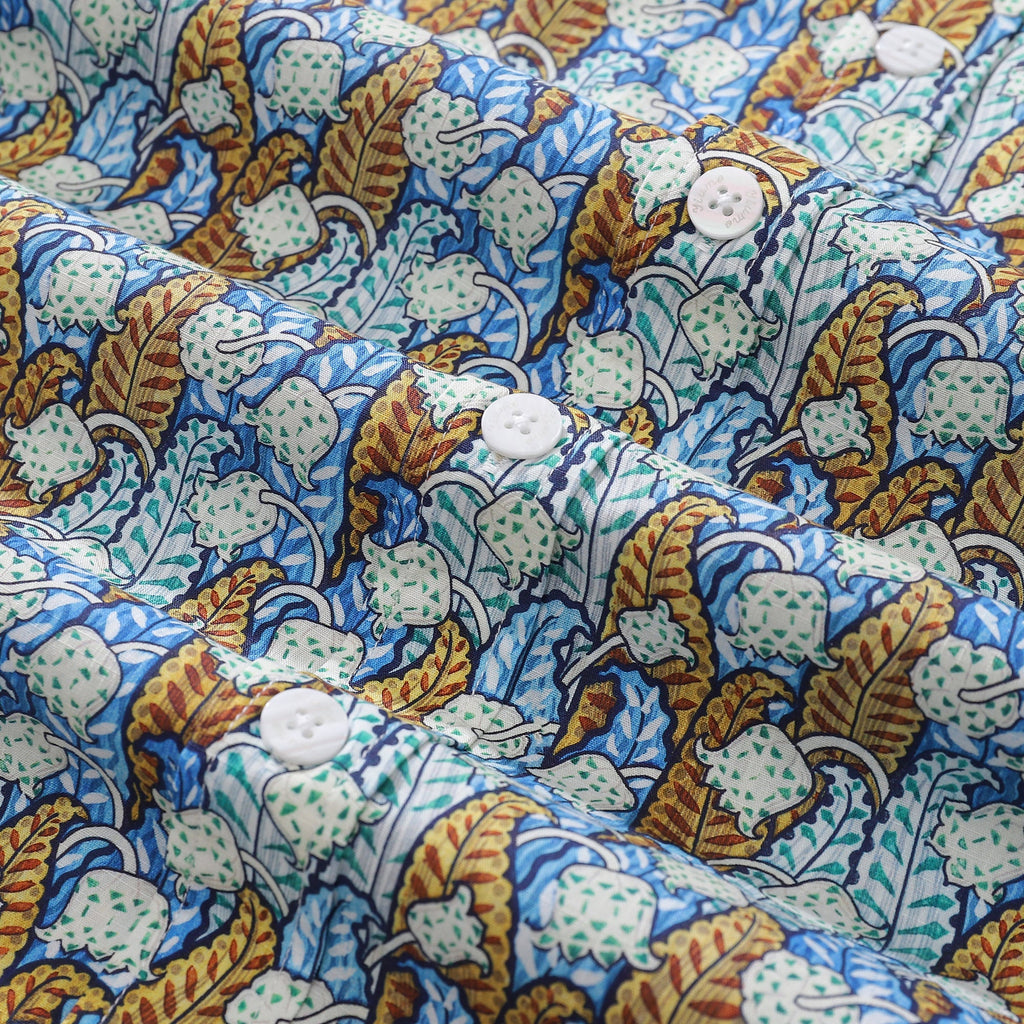 Men's Floral Hawaiian Button-Down Shirt in Blue White and Tan