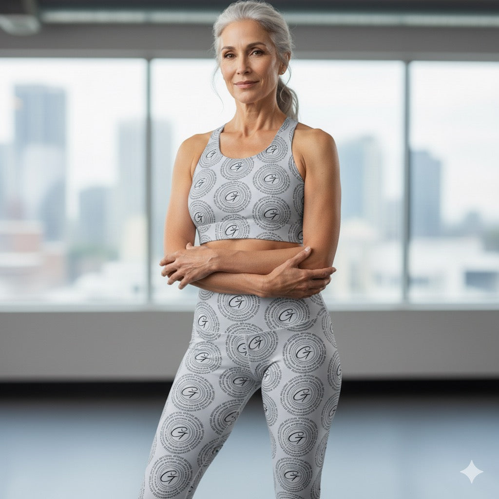 Model wearing grey high-waisted yoga leggings with black circular geometric print, posing in an athletic studio.