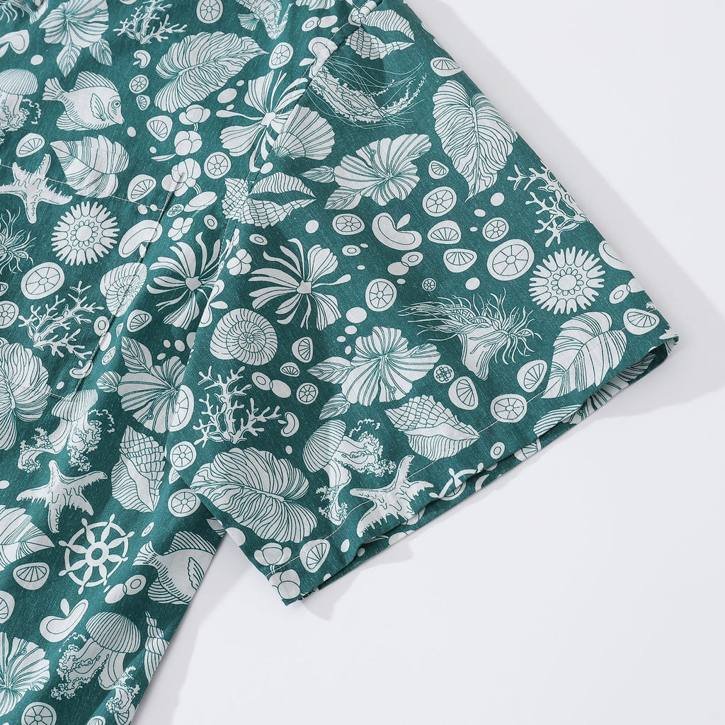 Men's Seabed Print Short Sleeve Cotton Hawaiian Aloha Shirt