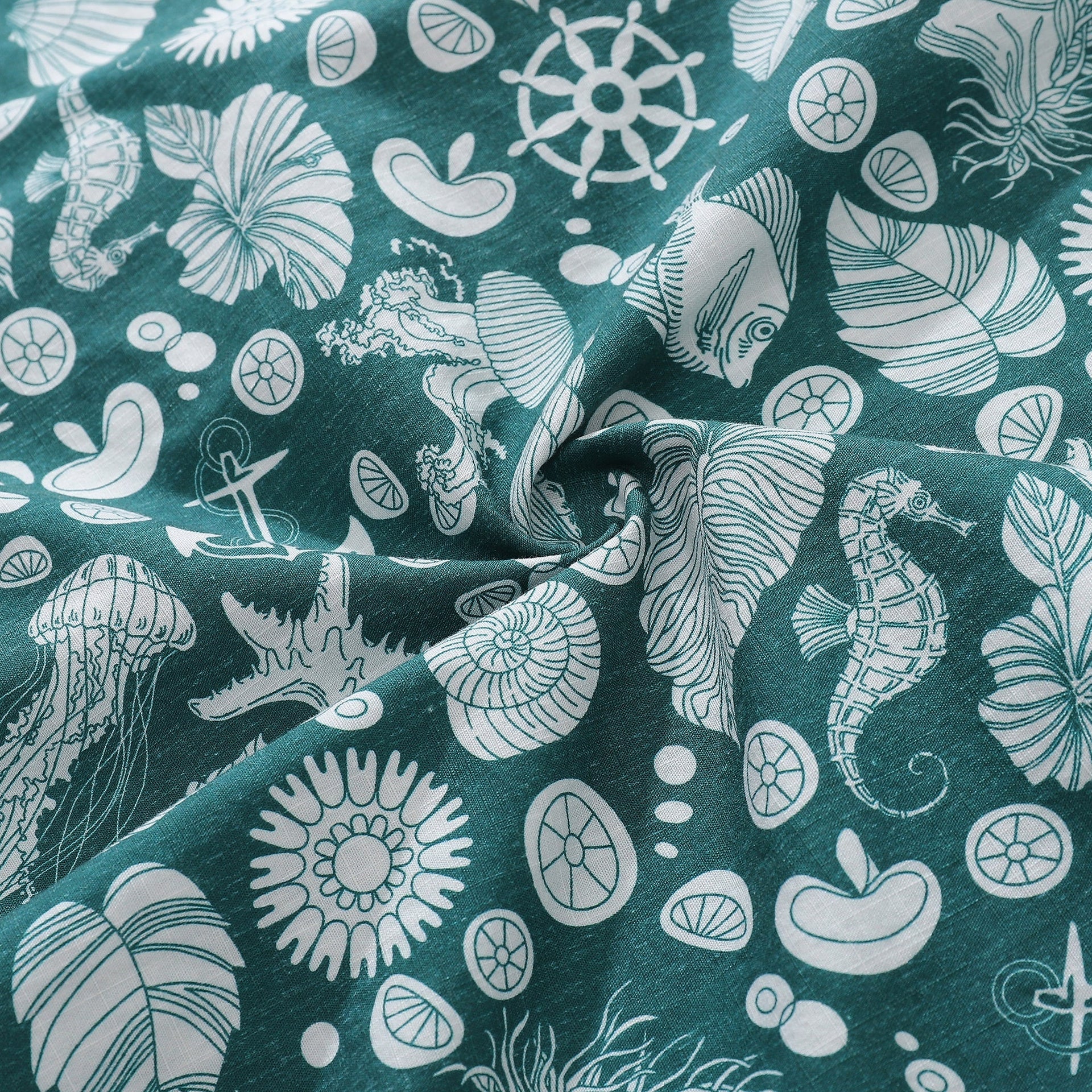 Men's Seabed Print Short Sleeve Cotton Hawaiian Aloha Shirt