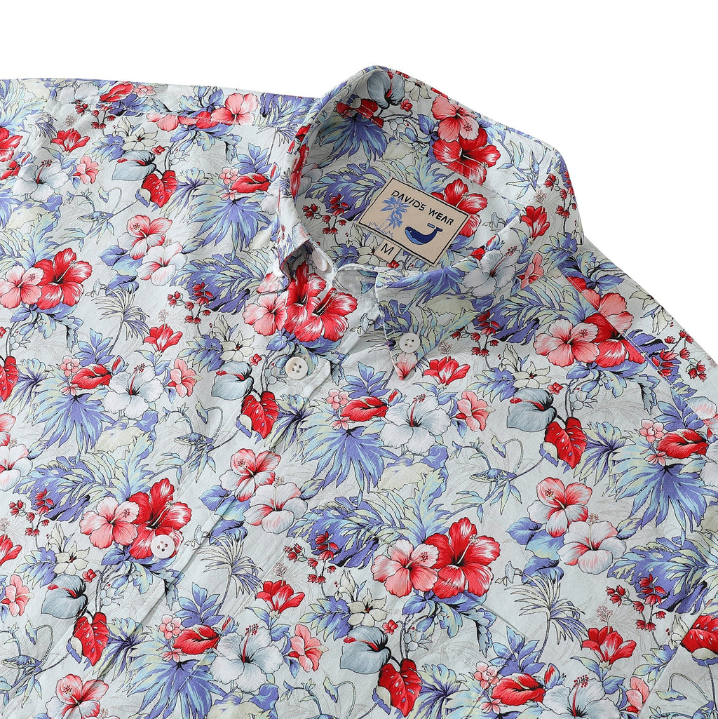 Men's Tropical Hibiscus Floral Hawaiian Shirt in White Red Blue