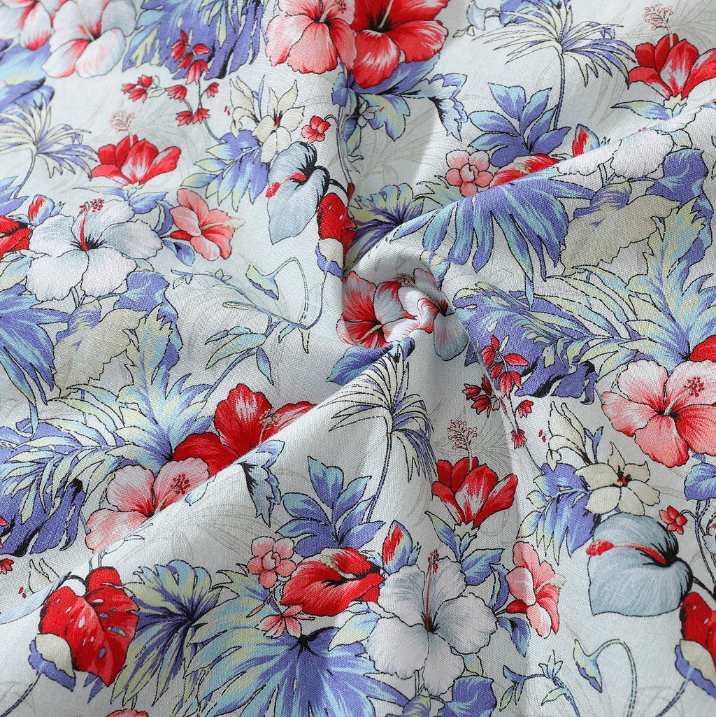 Men's Tropical Hibiscus Floral Hawaiian Shirt in White Red Blue