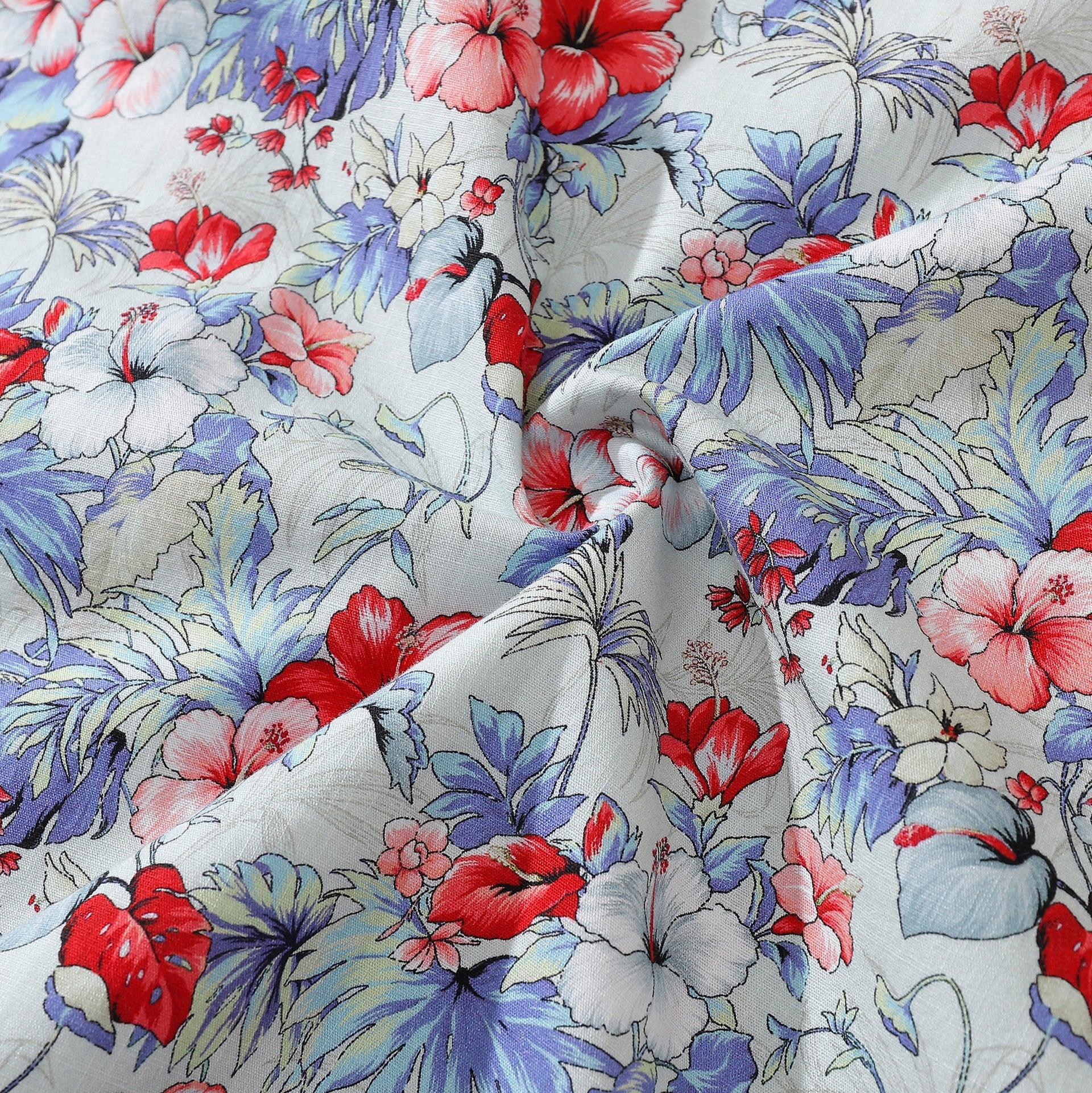 Men's Tropical Hibiscus Floral Hawaiian Shirt in White Red Blue