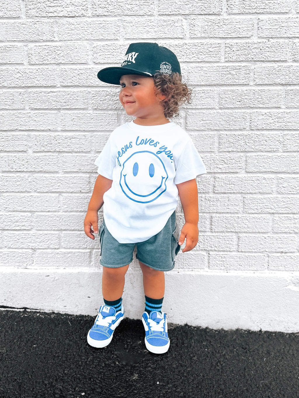 Jesus Loves You Smiley Toddler Tee in White Blue and Pink