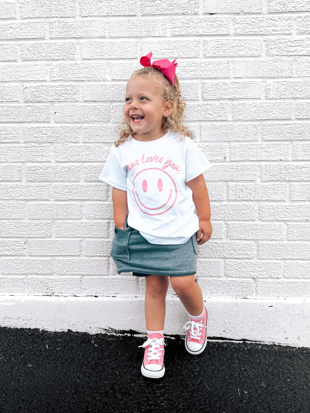 Jesus Loves You Smiley Toddler Tee in White Blue and Pink