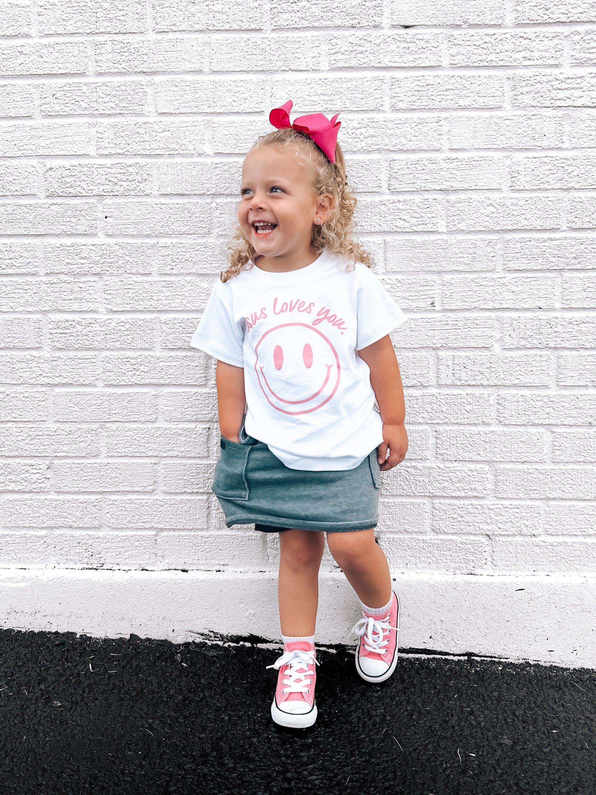 Jesus Loves You Smiley Toddler Tee in White Blue and Pink